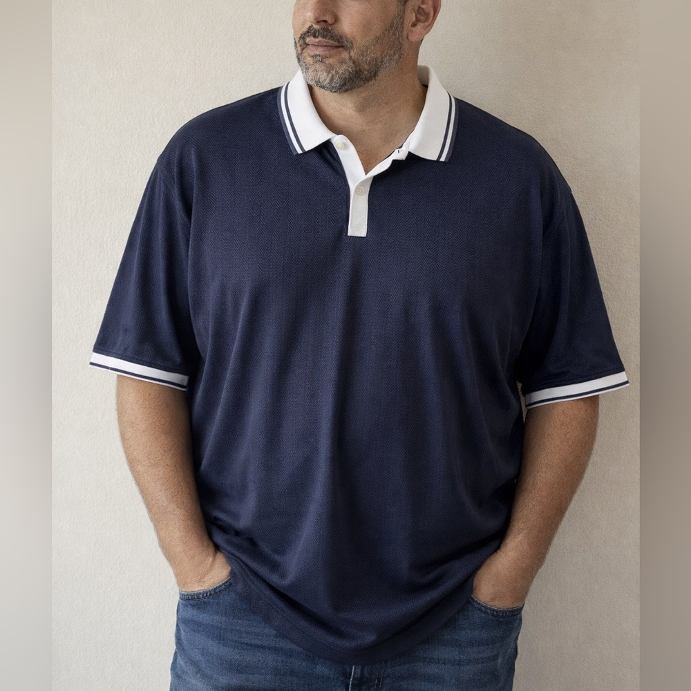 Bugatti Dark Blue Polo with White Trim XXL 100% Cotton -preppy golf prep office